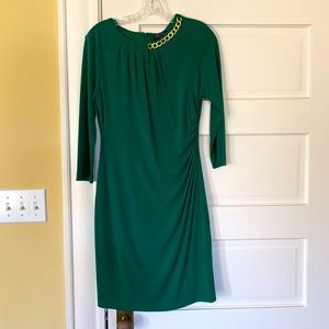 Emerald green rouched dress with gold chain!